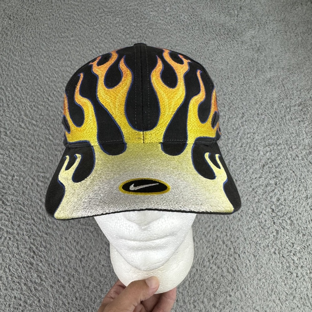 vintage nike flame hat‎ y2k 90's black swoosh adjustable strapback rare